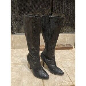 WHBM Snakeskin Black Boots 8M Knee High Heel 4.5” White House Black Market Party